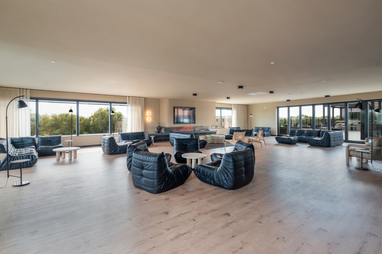 Penthouse sky deck lounge with panoramic windows