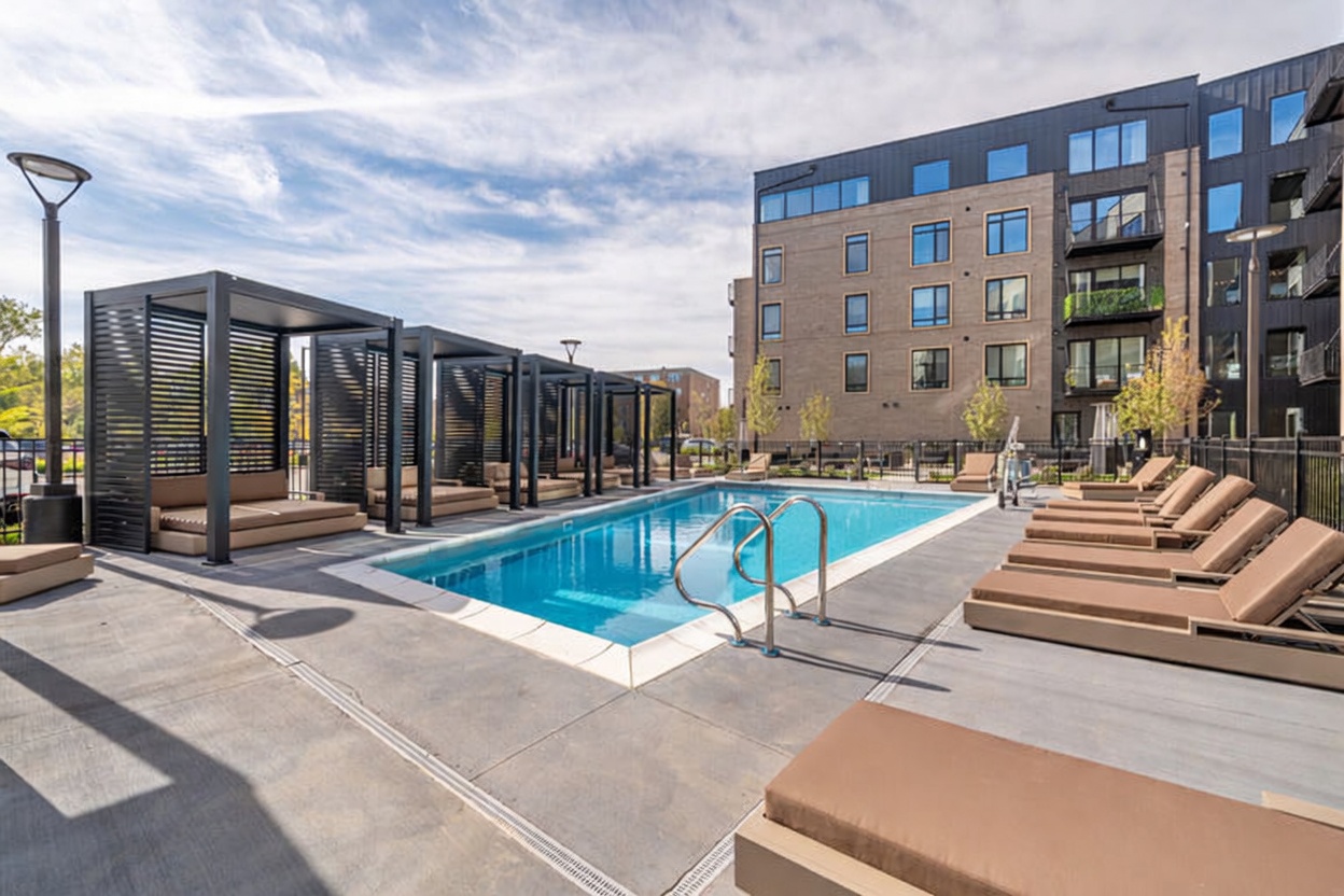 Cabana-lined heated swimming pool and sun deck